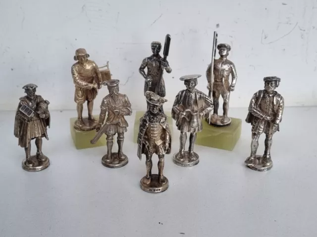 Rare Set 8 English Sterling Silver Miniature Sculpture Middle Age Professions