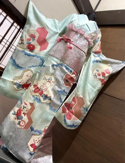 Kimono & Obi +accessories set M size long sleeves Japanese furisode belt #21 2