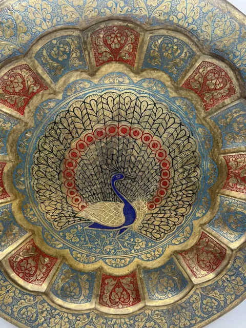 Vintage Brass Peacock Plate Metal Wall Hanging Tray Enameled Etched Decorative