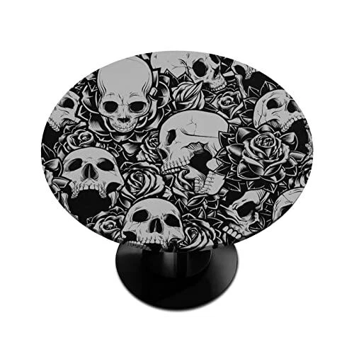Skull Round Tablecloth with Elastic Edge,Halloween Sugar Skull Fitted Table