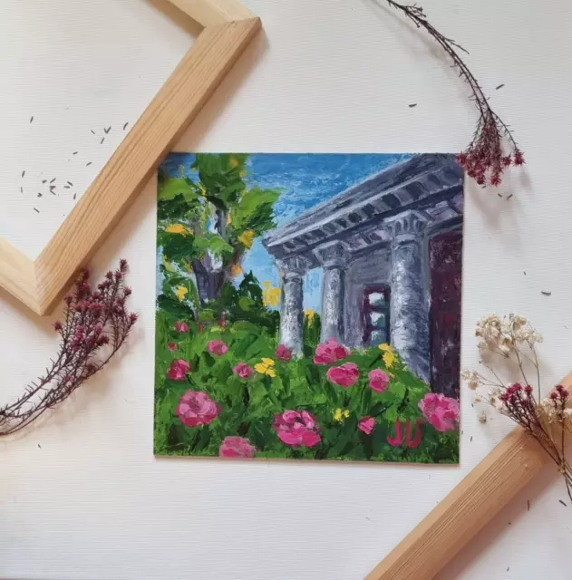 Oil Painting Rose Garden near Old Mansion with Columns Handpainted 8x8 in