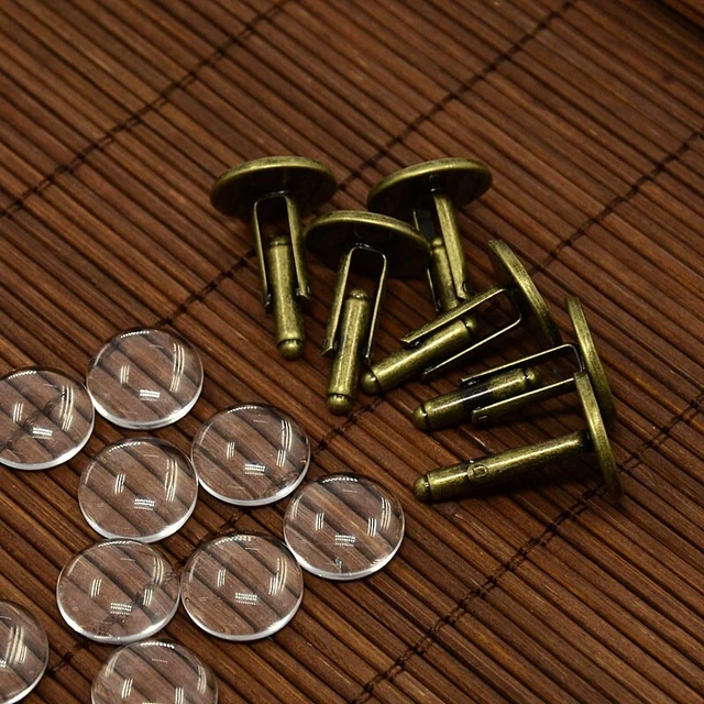 5 pares de eslabones de bronce antiguos en blanco con cabujones de vidrio transparente de 16 mm