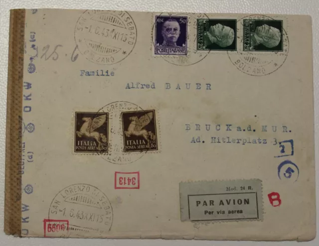 1943 lettera a AUSTRIA+timb.CENSURA BLUE+ROSSI+c.50x2 POSTA AEREA+c.50+25x2-A64