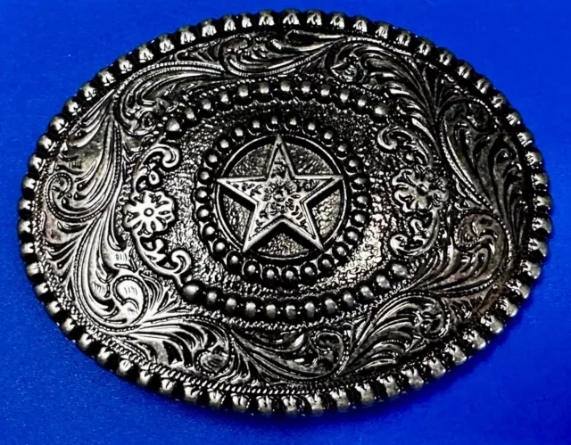 Lone Star Centered Flower Swirl Oval Silver Tone Western Style Belt Buckle