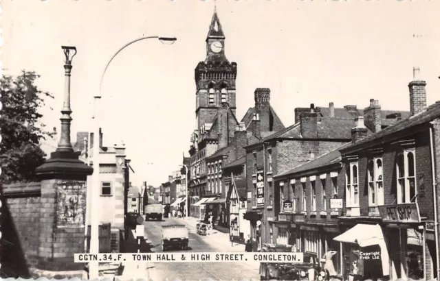 Congleton England Town Hall & High Street Real Photo Antique Postcard (J12160)