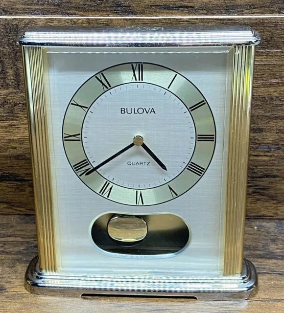 Vintage Brass Bulova Quartz Desk Mantle Clock 4RP680 Japan 6.5" Works Plz Read*