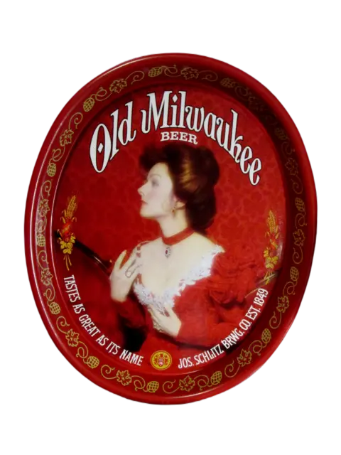 Old Milwaukee Beer Metal Serving Bar Tray Lovely Lady in Red VTG NEW Old Stock