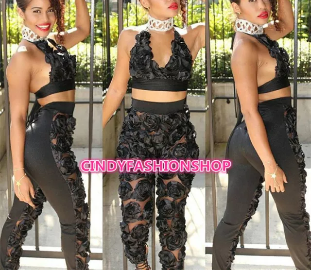 USA Women Sexy Elegant Style Black Rose Patchwork Lace Rompers 2 PC Set