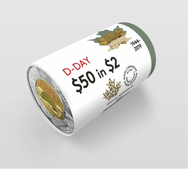 2019 Canada $2 D-Day 75th Anniversary Coloured Toonie Coin Special Wrap Roll