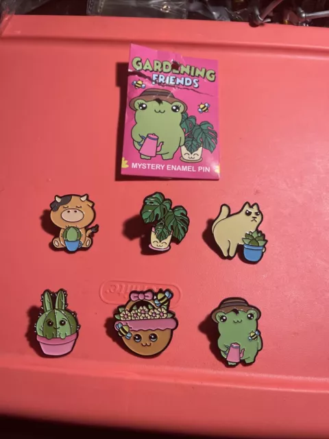 Gardening Buddies Friends Cat Cow Frog Basket Cactus Plant Enamel Lapel Pin Set