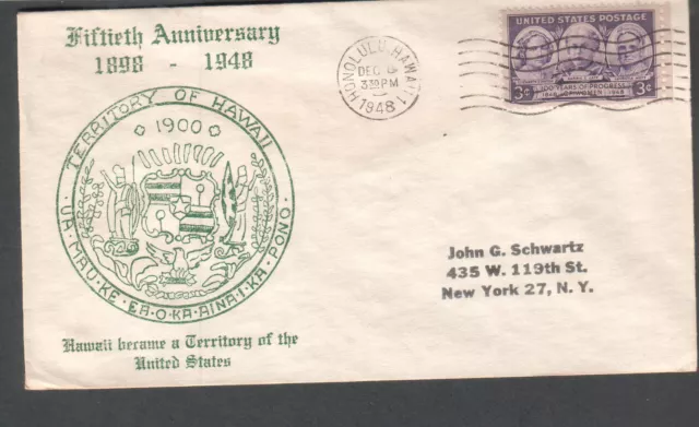 1948 cachet cover 50th anniversary of Hawaii territory Honolulu HI cancel