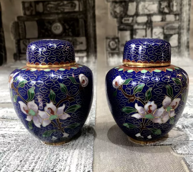 Pair of Lidded Cloisonné Enamelled Blue Floral Jars - 3 1/2”