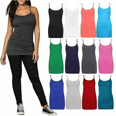 Womens Plain Cami Blouse Plus Size Stretch Long Strappy Camisole Vest Tank Top