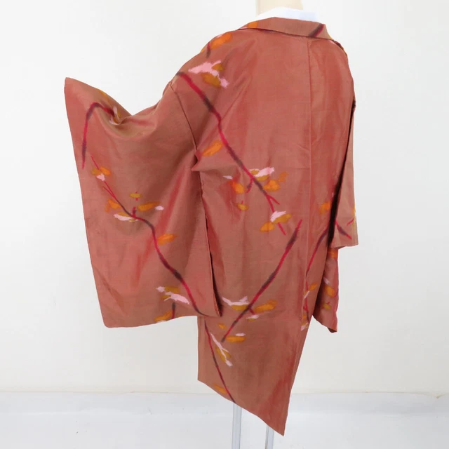 Antique Kimono Haori Silk Meisen branch flower pattern Brown 38.6inch Women's