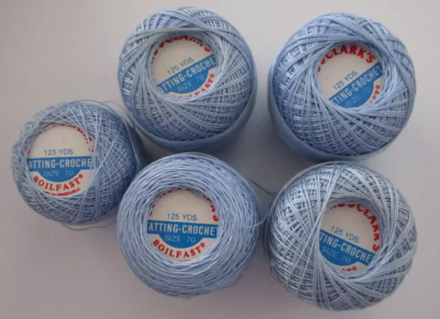 Lote Vintage Abrigo de Crochet Tatting Algodón 5 Bolas Color Azul 8, Años 50