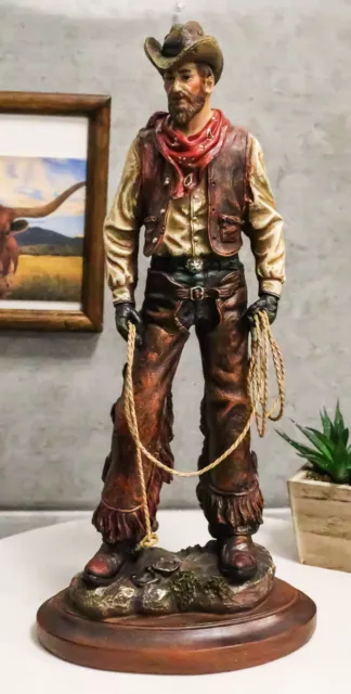 Western Full Outfit Cowboy Holding Cattle Lasso Ropes Statue 15.5"H