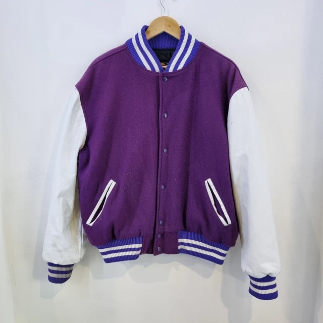 Vintage Varsity Jacket Mens Large Purple White Classic Wool Leather Letterman