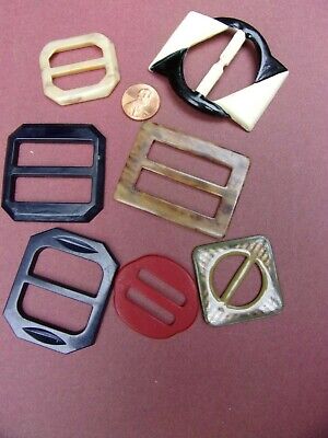 7 ART Deco era fashion buckles~different sizes~colors~Bakelite~celluloid~plastic