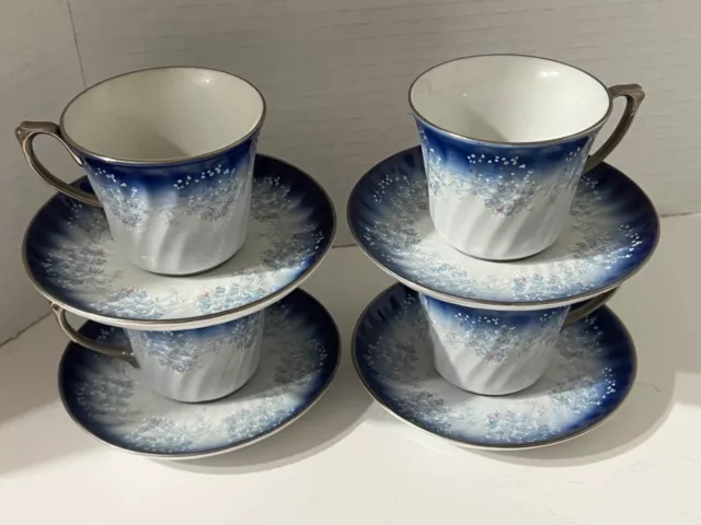 4 Sets Apulum Fine Porcelain Silver Trim Blue White Flowers Teacups Saucers Demi
