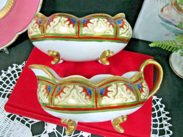 Nippon creamer and sugar holder footed painted beaded gold gilt Japan 1920s 2