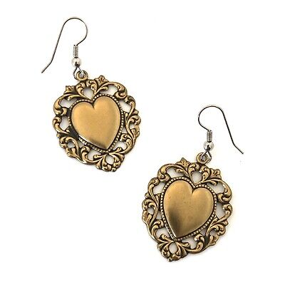 Vintage Heart Earrings Gold Brass Dangle Hearts Ornate Filigree Large Statement