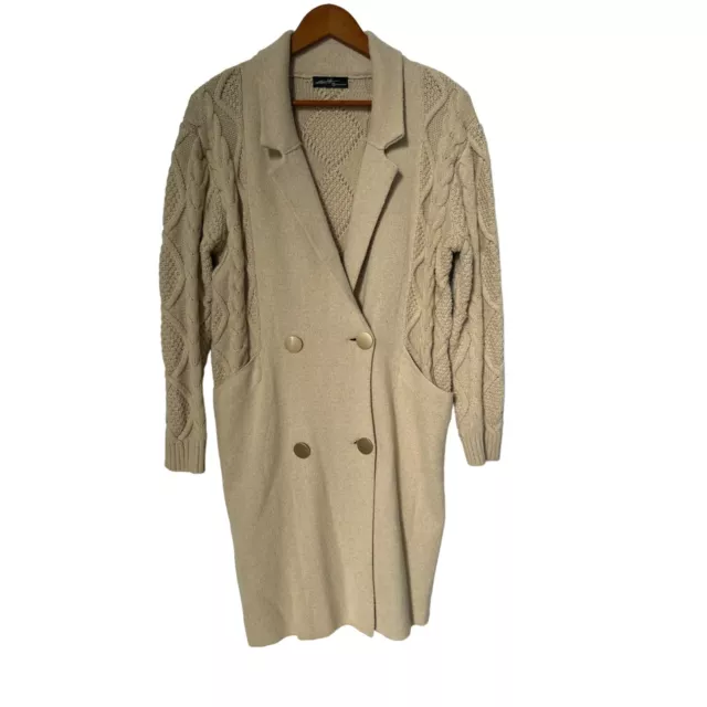 Ontwelfth Cable Knit Long Sleeve Trench Coat Womens S Tan Acrylic Blend Cozy