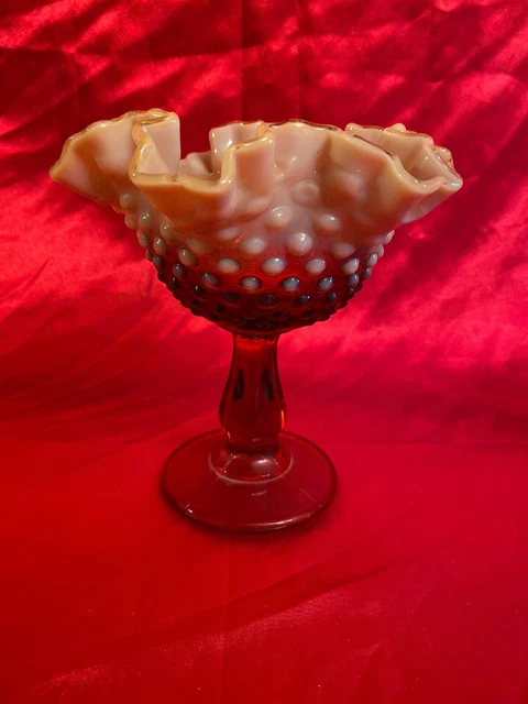 Fenton Hobnail dark amber and cream colored Art Glass Ruffled Crimped Edge Candy