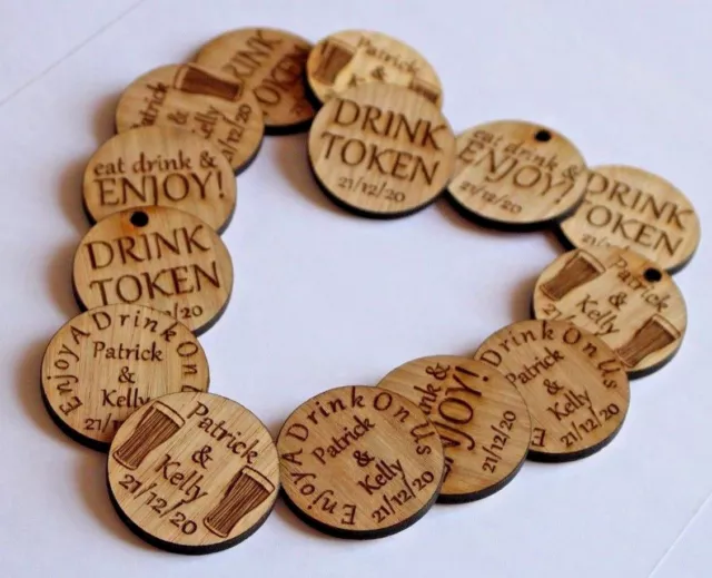 Personalised Oak Drink Tokens Wedding Favours Circles Party Celebration Wooden