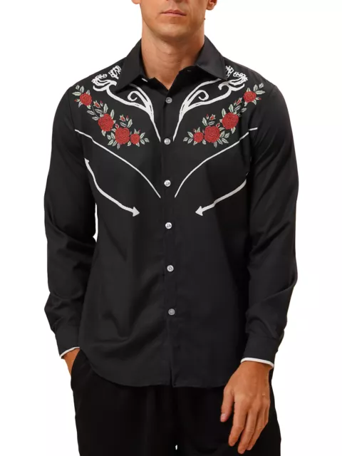 Men's Casusl Long Sleeve Western Shirt Horseshoe Print Cowboy Button Down Shirts