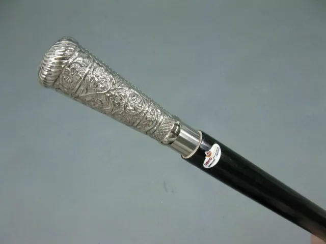 Solid Silver Pillar Head Handle Vintage Antqiue Wooden Walking Stick Cane Gift