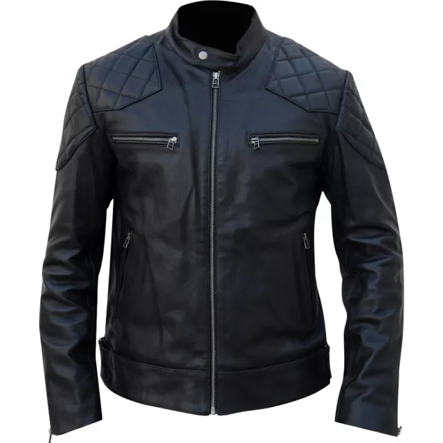 Mens Black David Beckham Real Leather Biker Jacket Vintage Cafe Racer Slim Fit