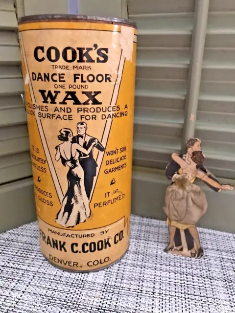 Vintage COOK'S DANCE FLOOR WAX TIN BALLROOM DANCERS UNUSED + DANCERS TAG 1940/50