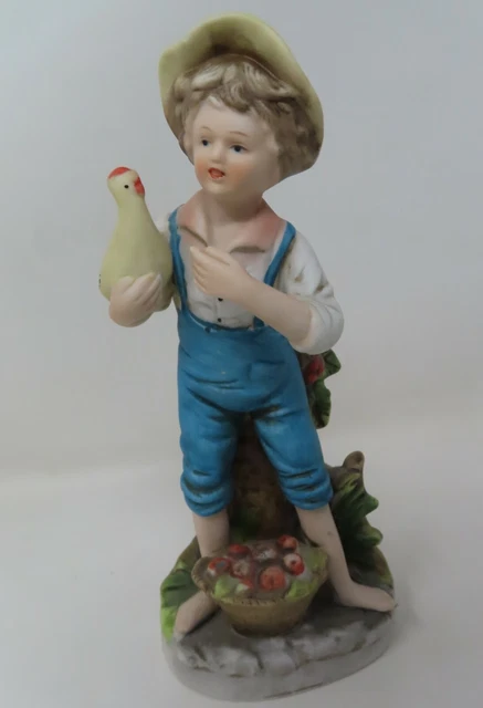 VTG Homco Home Interior USA 8380 Country Farmer Figurine Boy Denim Chicken Apple
