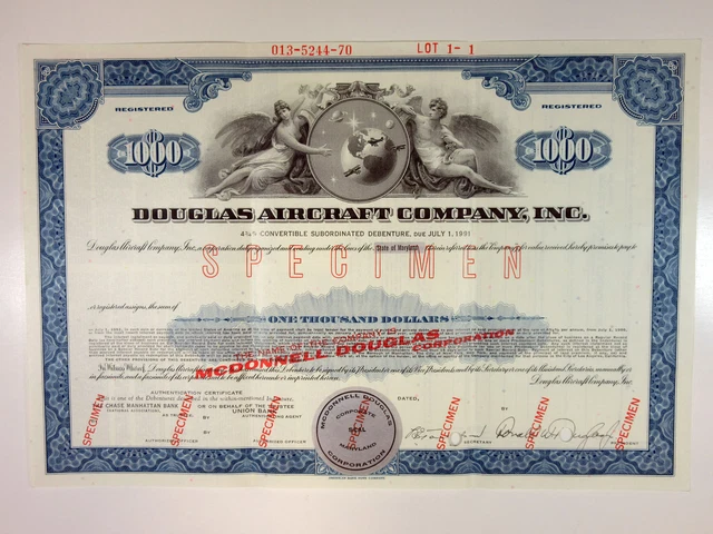 MD. Douglas Aircraft, McDOnnell Douglas Corp Specimen 1967 $1000 Registered bond
