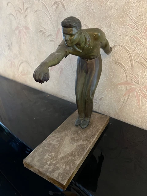 Statue Footballeur Vintage 1950s | Trophée Sportif Régule Verte Marbre | Sculpture Art Déco | France - France