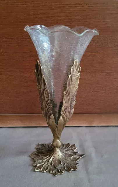 Ancien Vintage Bouquetière Centre de Table Bronze Doré Vase Cristal  H. 23 cm