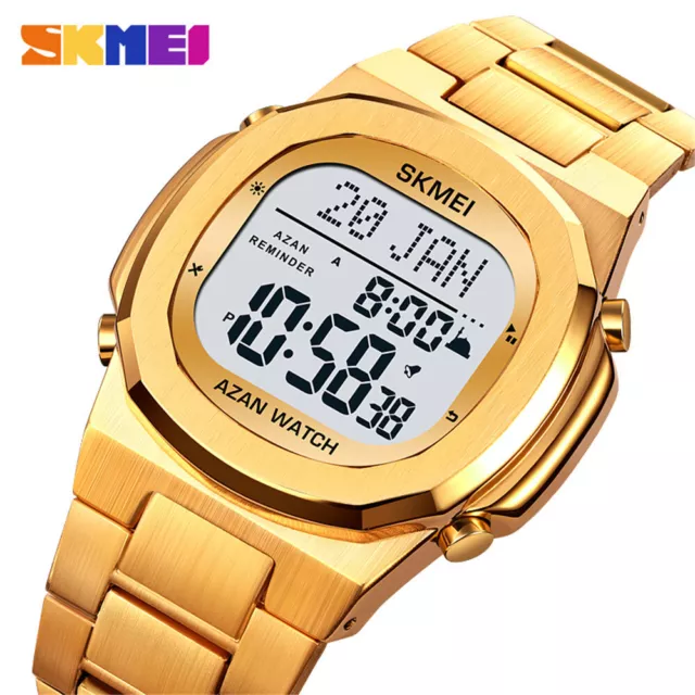 SKMEI Hombre Reloj Digital Dorado Qibla Recordatorio Reloj de Pulsera para Hombres Musulmanes Reloj