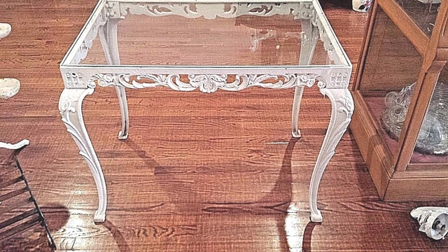 Ornate Antique Cast Iron Glass Top Garden/Patio Table 34 1/2"W x 23"D x 28 1/2"T