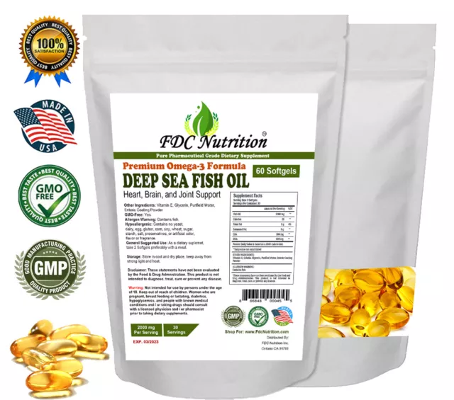 Omega 3 Fish Oil DHA/EPA 2000 mg 60 Softgels Made in USA