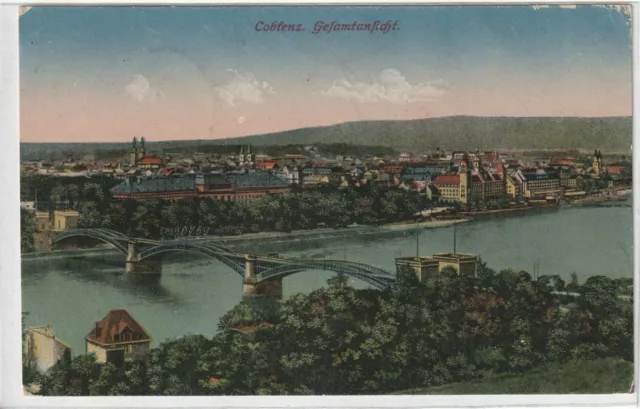 Ansichtskarte Koblenz/Coblenz - Gesamtansicht über die Stadt - gelaufen 1918