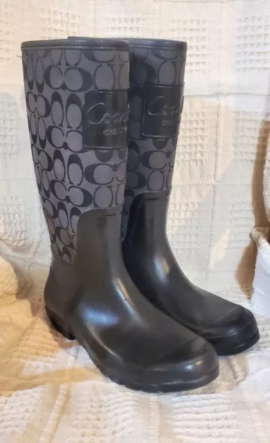 COACH Pearl Rain Boots Women's Size 9.5 Black Logo Monogram Rubber READ DESCRIPT