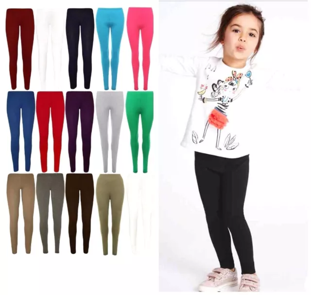 Girls Kids Childrens Plain Cotton Full Length Leggings Age 1-13 Black +Colours