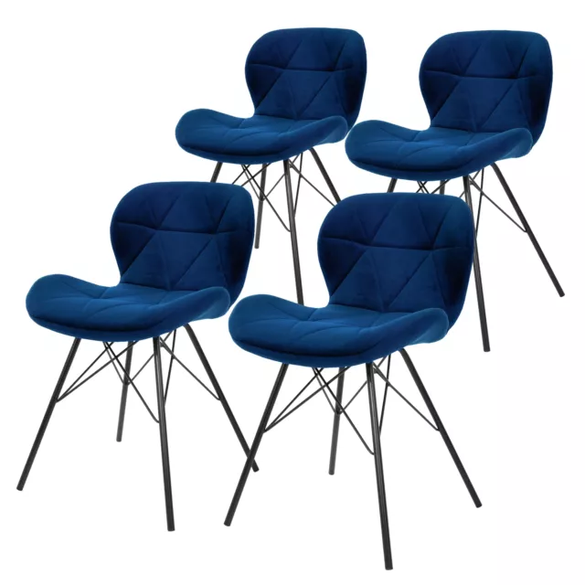 Juego 4 sillas de comedor / salón de terciopelo azul con patas de acero 74 cm