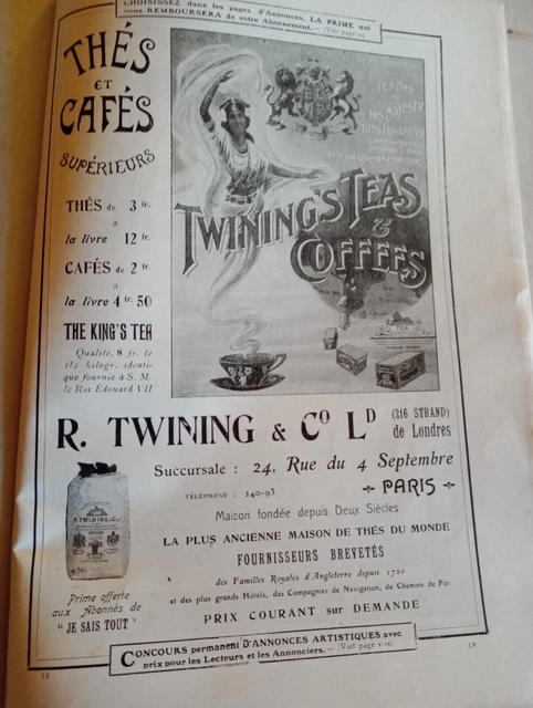 Rara pubblicità The e Caffè Twining & C. 1905 da rivista francese