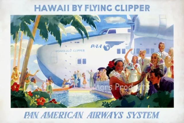 Hawaii by Flying Clipper 1939 Pan Am Vintage Style Travel Poster 16x24