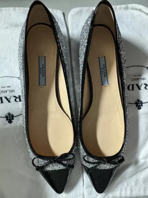 PRADA point toe flats shoes sparkle glitter black trim 38 EURO size. NEW