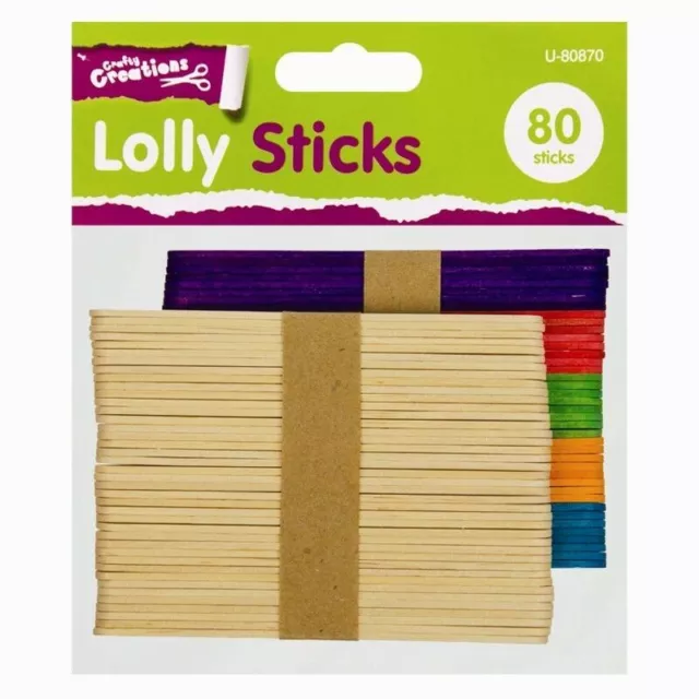 80 Lollipop Sticks Ice Lolly Childrens Kids Art Craft 40 Plain 40 Colour UK SALE