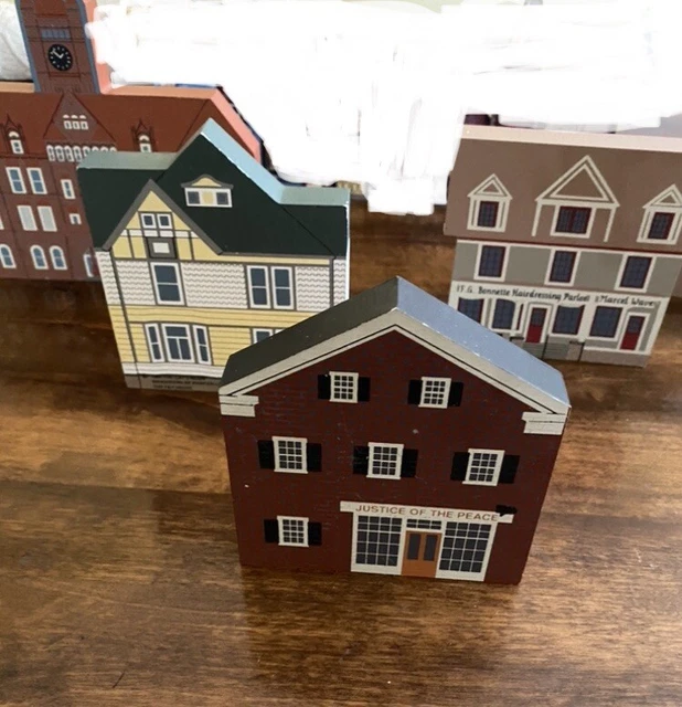Lot of 4 The Cat's Meow Village Wood Shelf Sitter Houses. One Is Signed