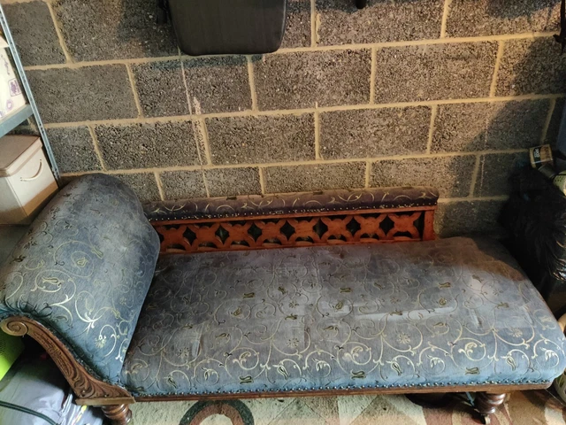 Antique Victorian Edwardian Chaise Lounge Blue patterened on castors