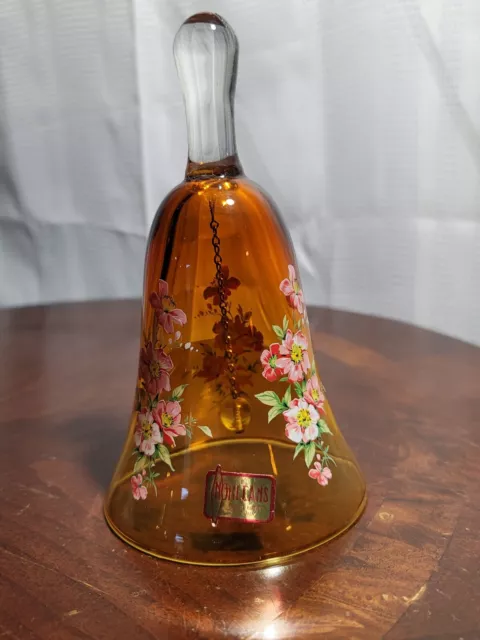 Norleans Glass Hand Made Bell, Yellow Gold Floral Made in Italy with Tag